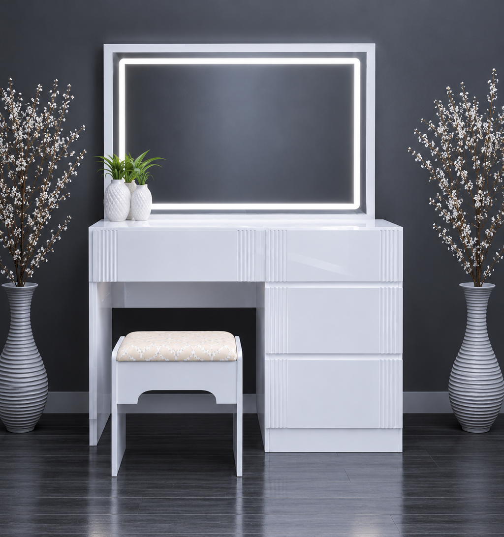 004 - Modern LED Mirror Dressing Table with Fluted Drawers
