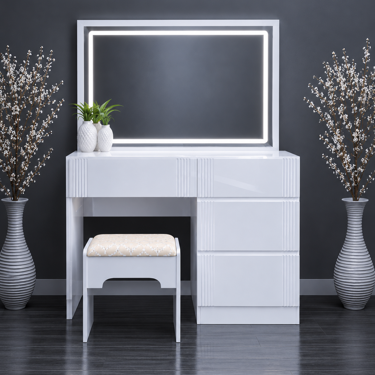 004 - Modern LED Mirror Dressing Table with Fluted Drawers