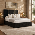 BED-0006 | Black Upholstered Bed with Gold-Tone Headboard Accents