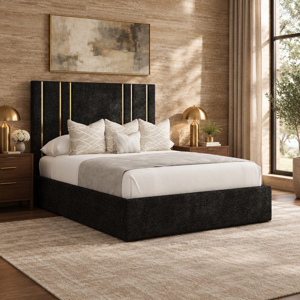 BED-0006 | Black Upholstered Bed with Gold-Tone Headboard Accents